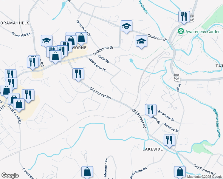 map of restaurants, bars, coffee shops, grocery stores, and more near 3409 Westbrook Circle in Lynchburg