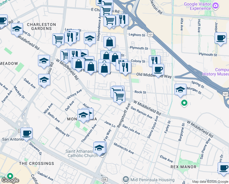 map of restaurants, bars, coffee shops, grocery stores, and more near 2211 Rock Street in Mountain View
