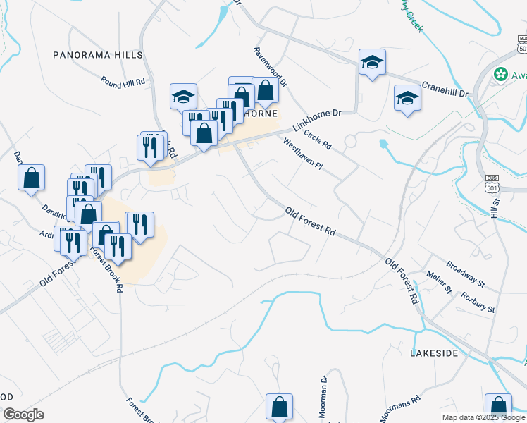 map of restaurants, bars, coffee shops, grocery stores, and more near 2608 Poindexter Street in Lynchburg
