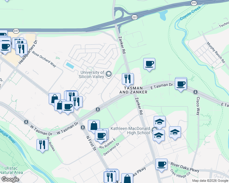 map of restaurants, bars, coffee shops, grocery stores, and more near 3737 Casa Verde Street in San Jose