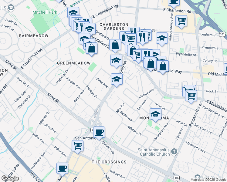 map of restaurants, bars, coffee shops, grocery stores, and more near 450 San Antonio Road in Palo Alto