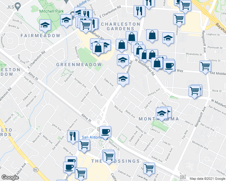 map of restaurants, bars, coffee shops, grocery stores, and more near 4220 Dake Avenue in Palo Alto