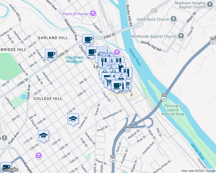 map of restaurants, bars, coffee shops, grocery stores, and more near 1020 Church Street in Lynchburg
