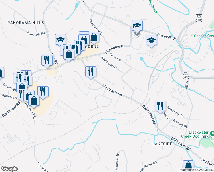 map of restaurants, bars, coffee shops, grocery stores, and more near 2601 Anthony Place in Lynchburg
