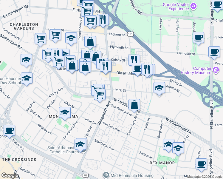 map of restaurants, bars, coffee shops, grocery stores, and more near North Rengstorff Avenue & Rock Street in Mountain View