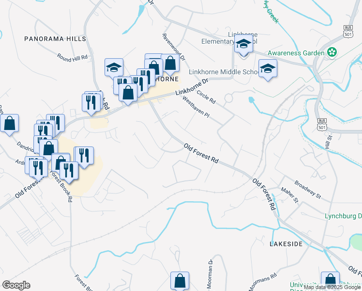 map of restaurants, bars, coffee shops, grocery stores, and more near 2601 Old Forest Road in Lynchburg