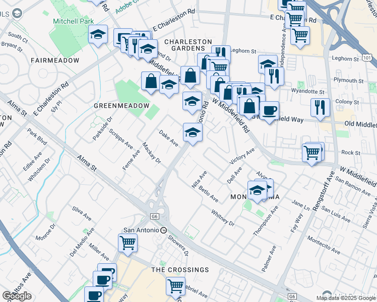 map of restaurants, bars, coffee shops, grocery stores, and more near 444 San Antonio Road in Palo Alto