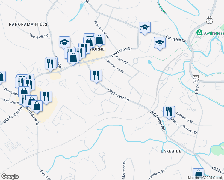 map of restaurants, bars, coffee shops, grocery stores, and more near 2526 Old Forest Road in Lynchburg