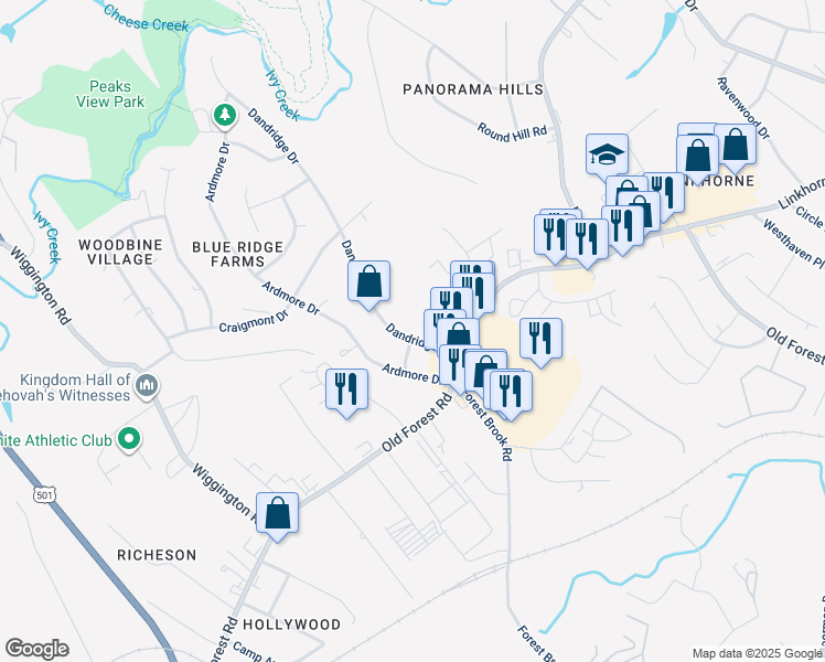 map of restaurants, bars, coffee shops, grocery stores, and more near 1010 Dandridge Drive in Lynchburg