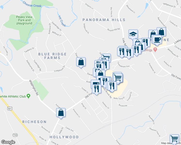map of restaurants, bars, coffee shops, grocery stores, and more near 1010 Dandridge Drive in Lynchburg