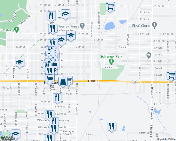 map of restaurants, bars, coffee shops, grocery stores, and more near 504 North Grand Street in Pittsburg