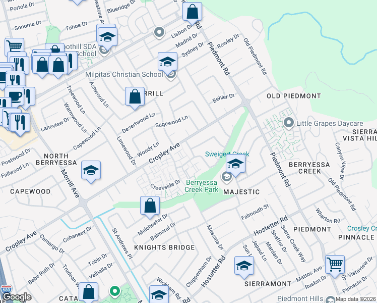 map of restaurants, bars, coffee shops, grocery stores, and more near 1957 Grosvenor Drive in San Jose