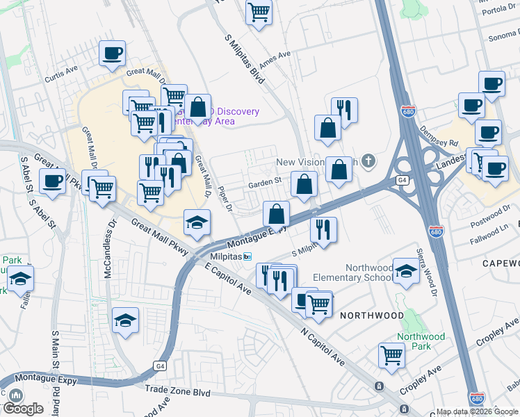 map of restaurants, bars, coffee shops, grocery stores, and more near 1463 Nightshade Road in Milpitas