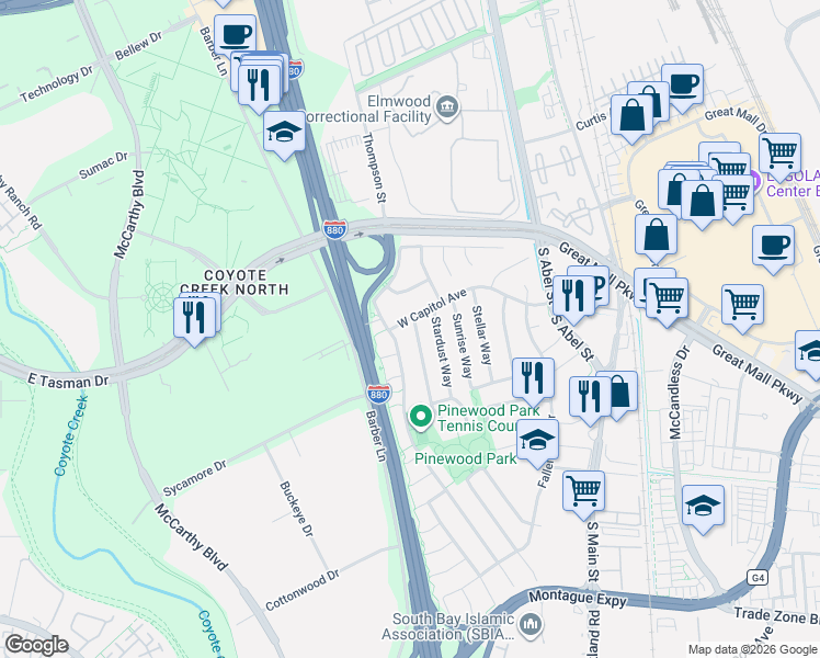 map of restaurants, bars, coffee shops, grocery stores, and more near 1108 Moonlight Way in Milpitas