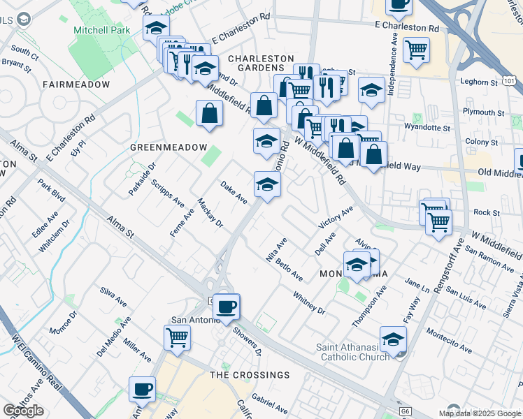 map of restaurants, bars, coffee shops, grocery stores, and more near 450 San Antonio Road in Palo Alto