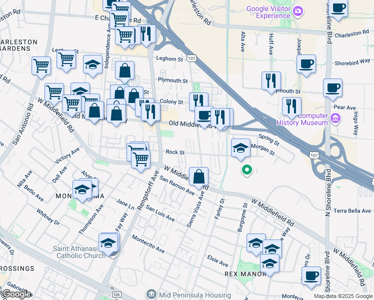 map of restaurants, bars, coffee shops, grocery stores, and more near 712 Reflection Way in Mountain View