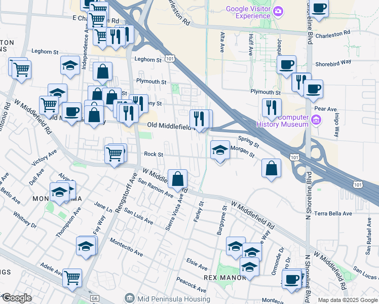 map of restaurants, bars, coffee shops, grocery stores, and more near 1920 Rock Street in Mountain View