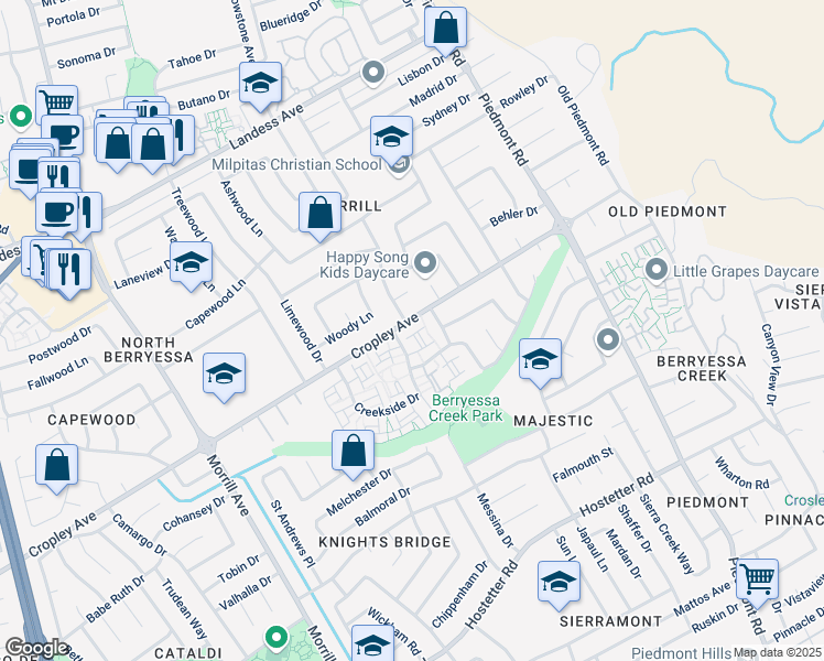 map of restaurants, bars, coffee shops, grocery stores, and more near 3291 Cropley Avenue in San Jose
