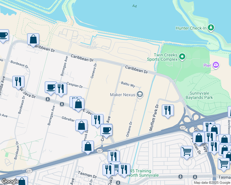 map of restaurants, bars, coffee shops, grocery stores, and more near 1273-1399 Crossman Ave in Sunnyvale