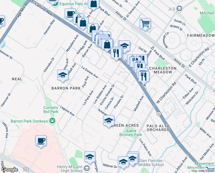 map of restaurants, bars, coffee shops, grocery stores, and more near 717 Los Robles Avenue in Palo Alto