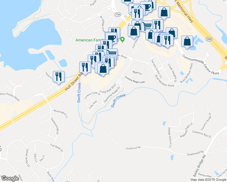 map of restaurants, bars, coffee shops, grocery stores, and more near 13324 Diamond Ridge Drive in Midlothian