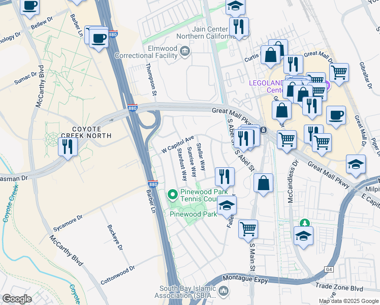 map of restaurants, bars, coffee shops, grocery stores, and more near 1140 Sunrise Way in Milpitas