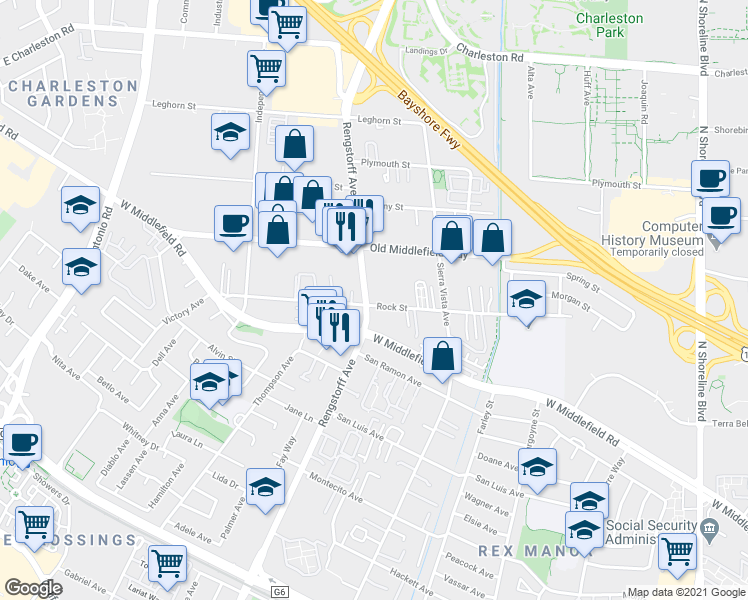 map of restaurants, bars, coffee shops, grocery stores, and more near 713 Rengstorff Avenue in Mountain View