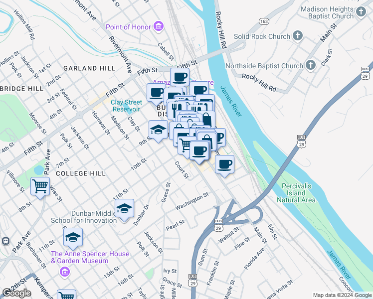 map of restaurants, bars, coffee shops, grocery stores, and more near 1020 Church Street in Lynchburg