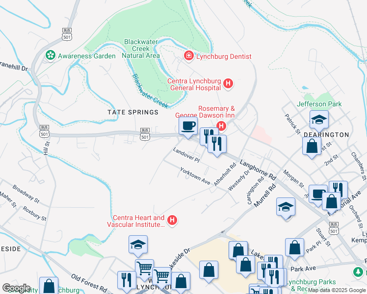 map of restaurants, bars, coffee shops, grocery stores, and more near 2201-2257 Tate Springs Rd in Lynchburg