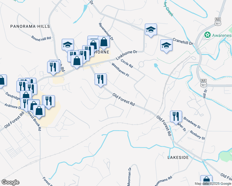 map of restaurants, bars, coffee shops, grocery stores, and more near 2601 Anthony Place in Lynchburg