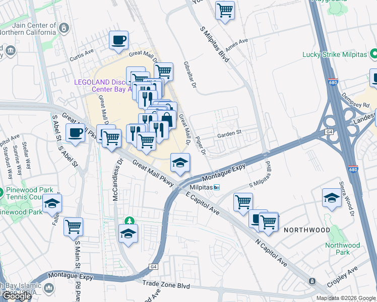 map of restaurants, bars, coffee shops, grocery stores, and more near 1428 Falcon Drive in Milpitas