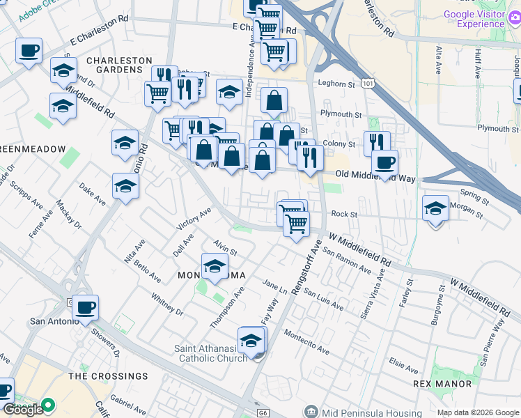 map of restaurants, bars, coffee shops, grocery stores, and more near 2392 Rock Street in Mountain View