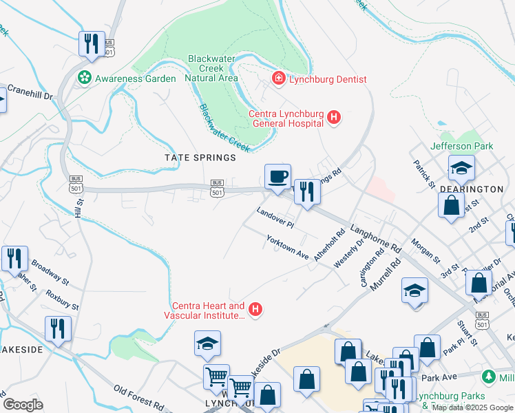 map of restaurants, bars, coffee shops, grocery stores, and more near 2257 Tate Springs Road in Lynchburg