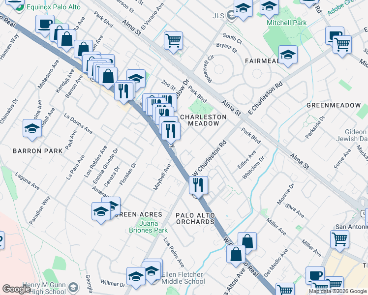 map of restaurants, bars, coffee shops, grocery stores, and more near 4159 El Camino Way in Palo Alto