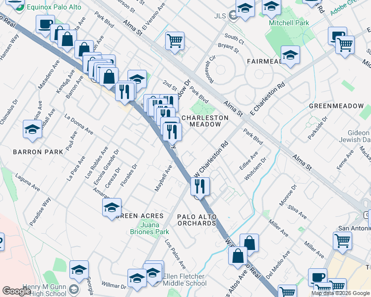 map of restaurants, bars, coffee shops, grocery stores, and more near 4159 El Camino Way in Palo Alto