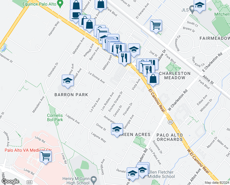 map of restaurants, bars, coffee shops, grocery stores, and more near 717 Los Robles Avenue in Palo Alto
