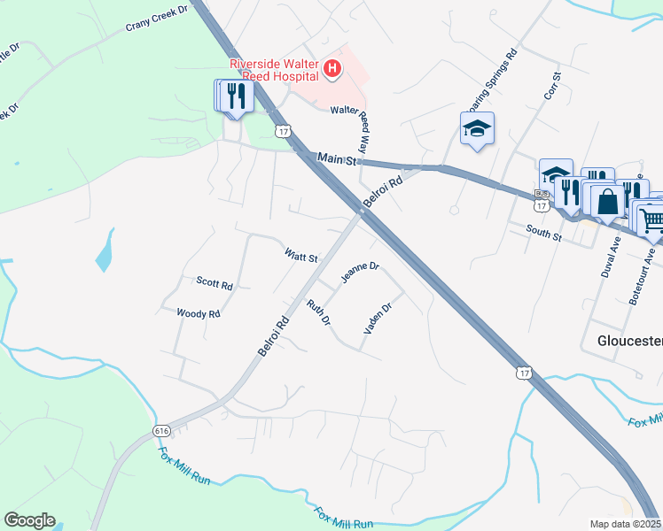 map of restaurants, bars, coffee shops, grocery stores, and more near 7891 Belroi Road in Gloucester