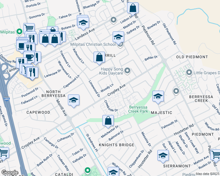 map of restaurants, bars, coffee shops, grocery stores, and more near 3248 Woody Lane in San Jose