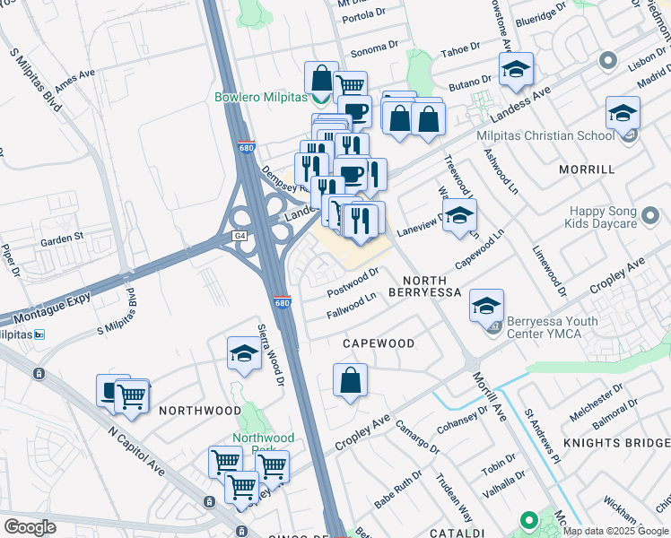 map of restaurants, bars, coffee shops, grocery stores, and more near 2252 Amberwood Ln in San Jose