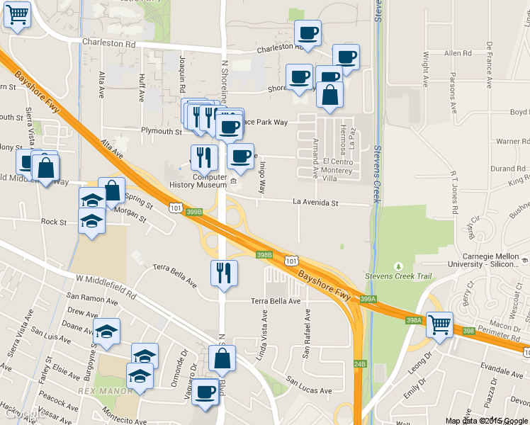 map of restaurants, bars, coffee shops, grocery stores, and more near 1275 La Avenida Street in Mountain View