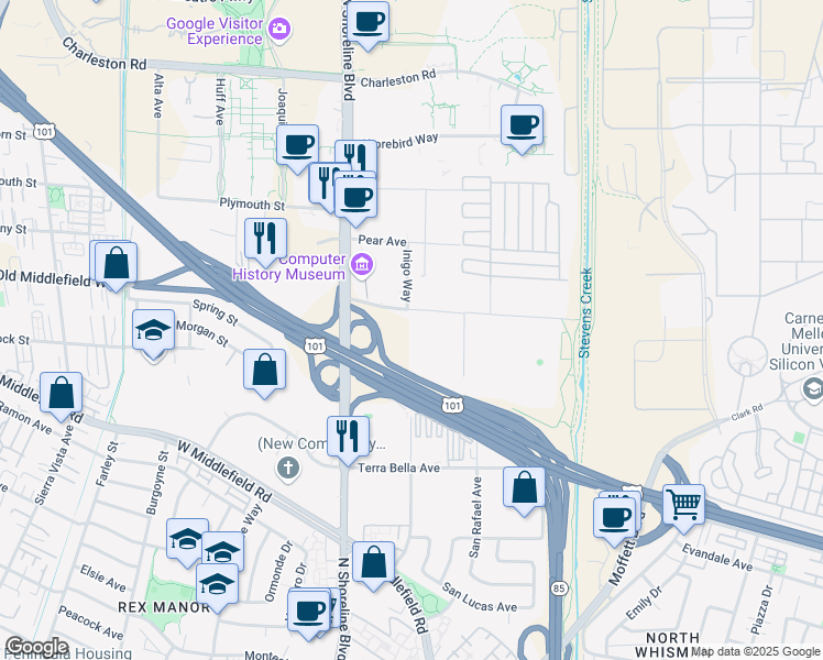 map of restaurants, bars, coffee shops, grocery stores, and more near 1275 La Avenida Street in Mountain View
