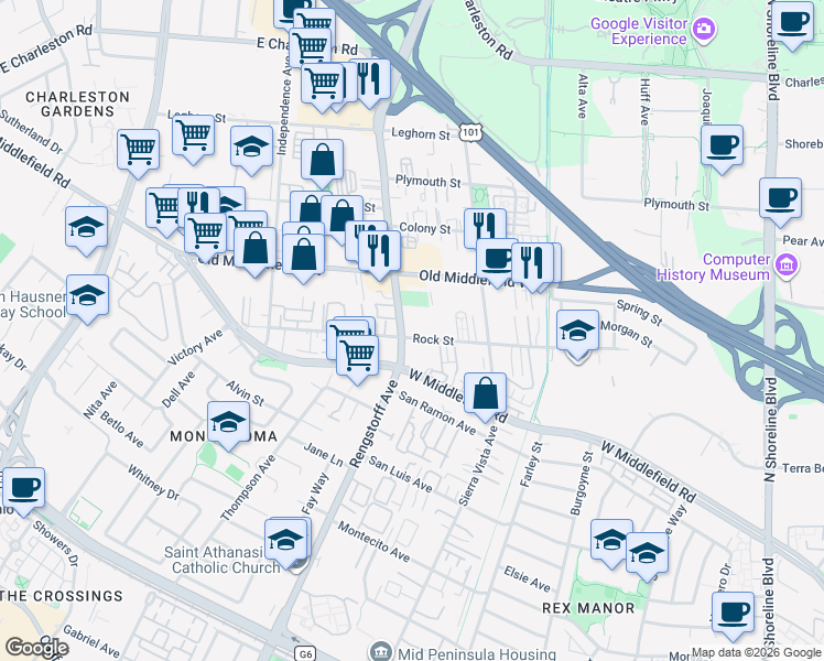 map of restaurants, bars, coffee shops, grocery stores, and more near 713 Rengstorff Avenue in Mountain View