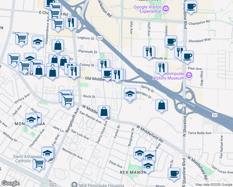 map of restaurants, bars, coffee shops, grocery stores, and more near 717 Sierra Vista Avenue in Mountain View