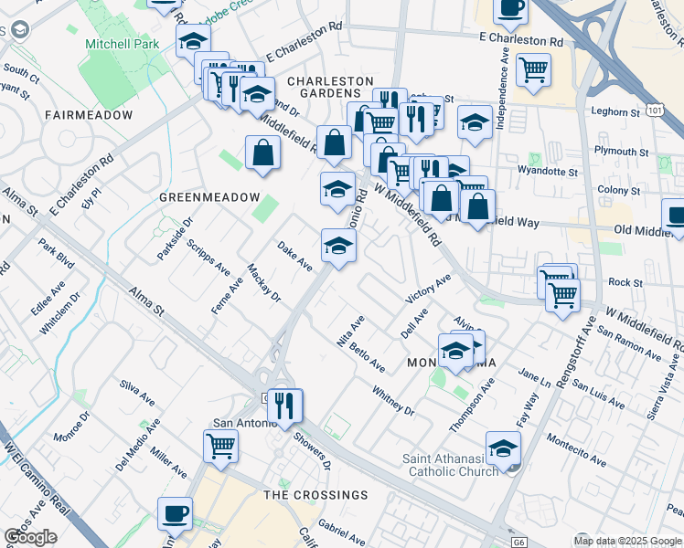 map of restaurants, bars, coffee shops, grocery stores, and more near 450 San Antonio Road in Palo Alto