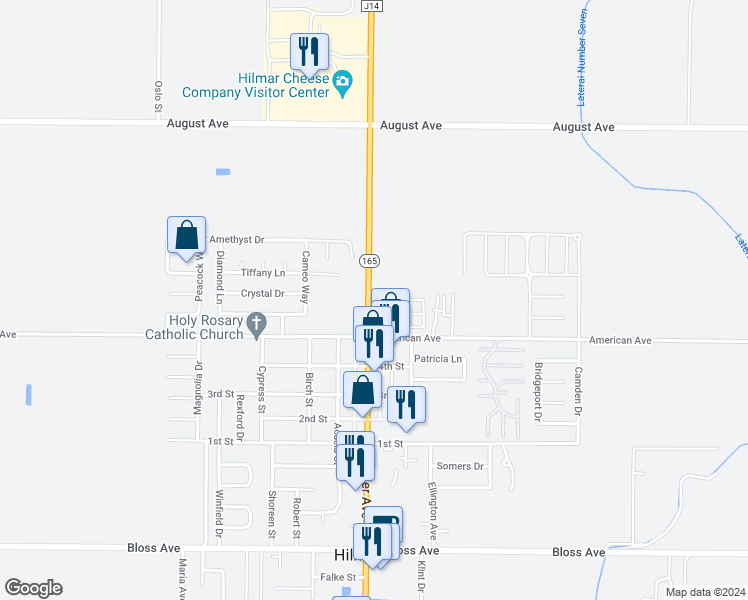 map of restaurants, bars, coffee shops, grocery stores, and more near 19960 American Avenue in Hilmar