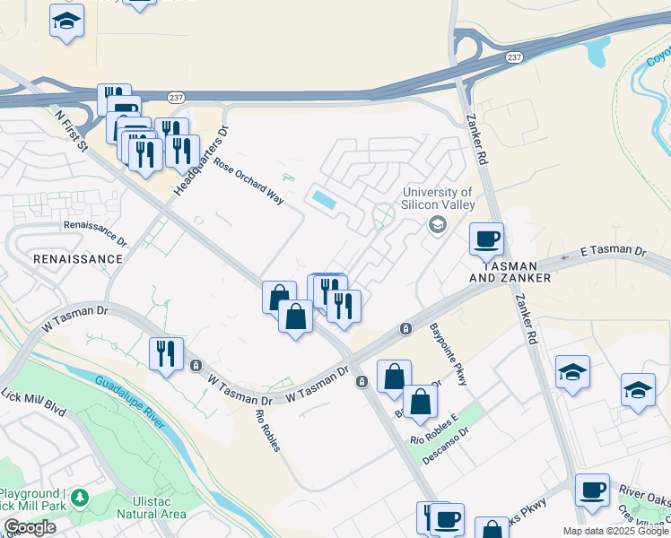 map of restaurants, bars, coffee shops, grocery stores, and more near 115 Nicholson Lane in San Jose