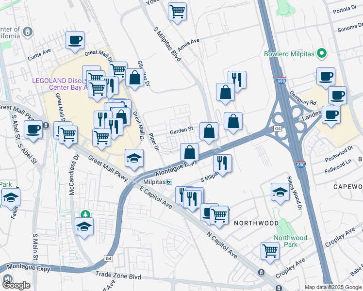 map of restaurants, bars, coffee shops, grocery stores, and more near 1463 Nightshade Road in Milpitas
