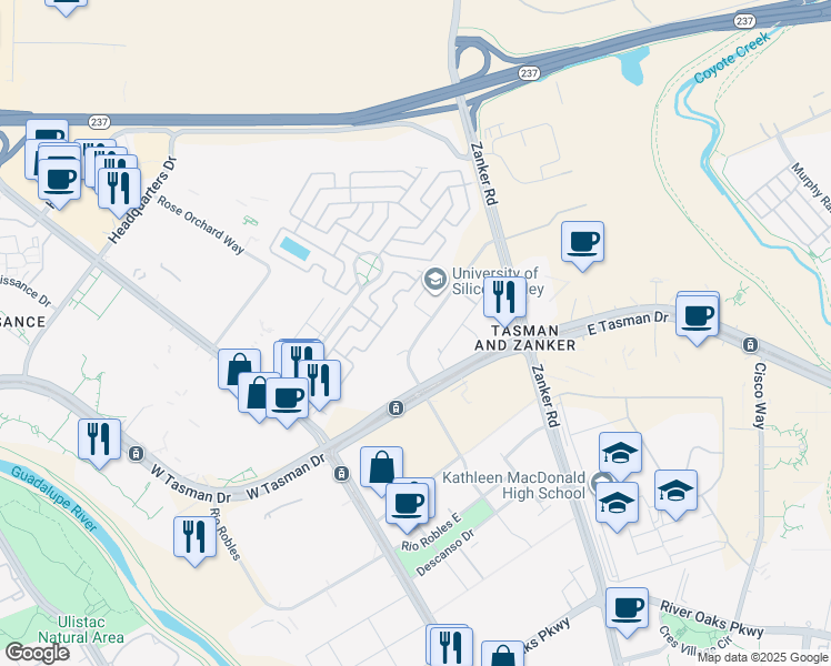 map of restaurants, bars, coffee shops, grocery stores, and more near 175 Baypointe Parkway in San Jose