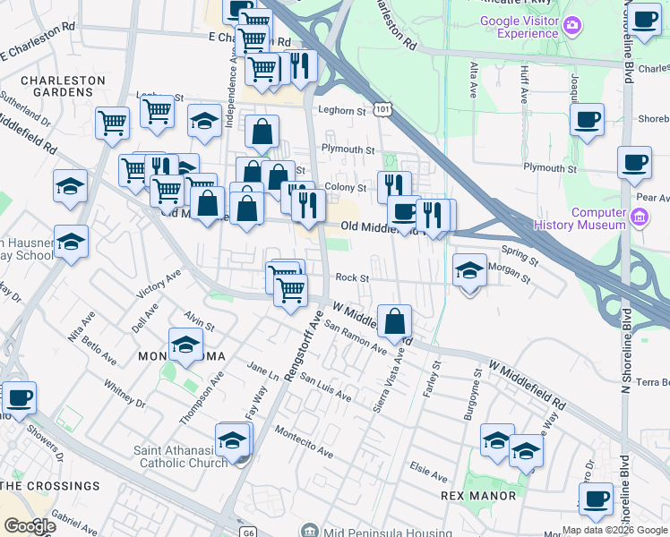 map of restaurants, bars, coffee shops, grocery stores, and more near 713 Rengstorff Avenue in Mountain View