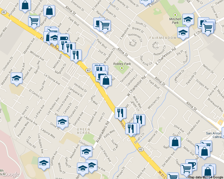 map of restaurants, bars, coffee shops, grocery stores, and more near 4151 El Camino Way in Palo Alto
